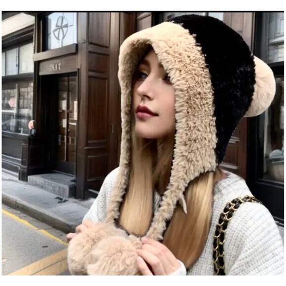 Cozy Colorblock Plush Knit Beanie Hat with Ear Flaps Tassel Brown/Beige - Picture 2 of 4